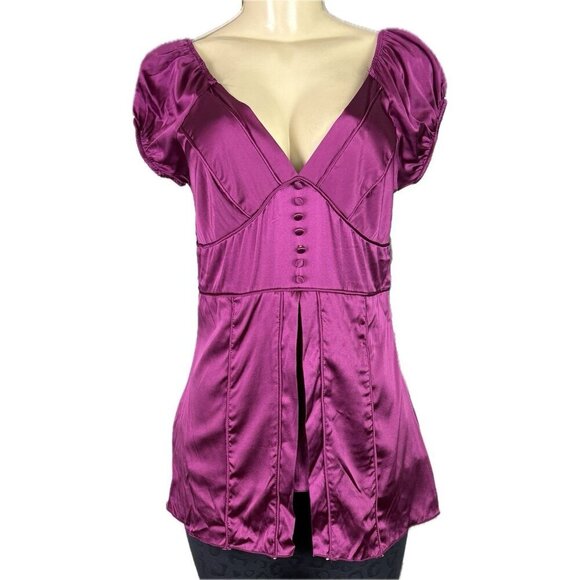 Shine NY L Red Violet Silk V-Neckline Slit Front Button Detail Cap Sleeve Blouse - Picture 2 of 6